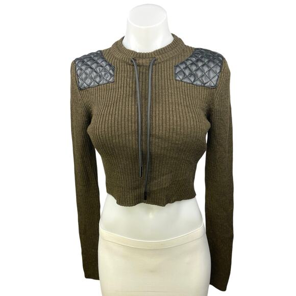 The Kooples Khaki Green Wool Ribbed Leather Insert Pullover Crop Sweater Top S - Picture 1 of 6